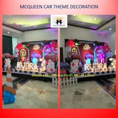 A wider view of the impressive McQueen car theme setup. The checkered flag details, character cutouts, and dynamic lighting all come together to create an immersive racing world for the kids.