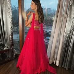 A view of the back of the engagement lehenga, showing the delicate straps and detailed embroidery on the blouse. Every angle is considered when I put together a look.