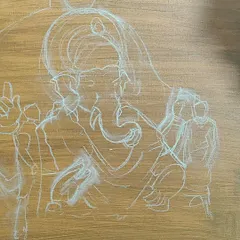 The very first step in a complex mythological painting: a light chalk sketch on a prepared canvas. This outlines the composition for a depiction of Lord Ganesha.