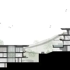 This sectional drawing illustrates how our two modular house typologies for the Dona Paula masterplan are adapted to the steep slope. This approach minimizes the impact on the mountain while ensuring each home has a unique relationship with the landscape.
