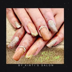 A beautiful example of combining different textures. This set features nude gel extensions with gold glitter on the tips and full-coverage glitter on the accent nails, finished with a line of delicate rhinestones for extra dimension.