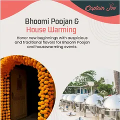 Honor new beginnings with auspicious and traditional flavors. This graphic highlights my catering services for Bhoomi Poojan and housewarming events, featuring marigold decorations and a classic buffet setup.