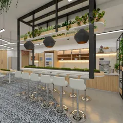 I believe break areas should be more than just a pantry. This 3D render shows a concept for an office cafe with bar-style seating and overhead planters, providing a stylish and comfortable spot for employees to connect and unwind.