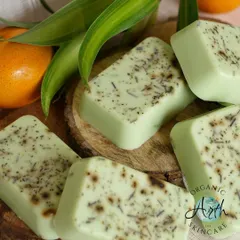 This is my "Green Terminator" soap, made with lemongrass and green tea. It's a customer favorite not just for its fresh scent but because the citronella in it naturally helps keep mosquitoes away.