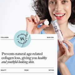 Capturing the youthful energy of Wellbeing Nutrition's 'Skin Fuel' product. This lifestyle image shows a model interacting with the product, creating a relatable and positive association for potential customers.