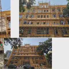 A collage of construction photos of the Jain Upashray. These images provide multiple angles of the building's facade, showcasing the intricate stonework and traditional architectural elements as they are being installed.