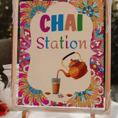 No Indian celebration is complete without tea. I designed this colorful and quirky 'Chai Station' sign for a Sagan evening, creating a dedicated corner for guests to enjoy a warm cup.