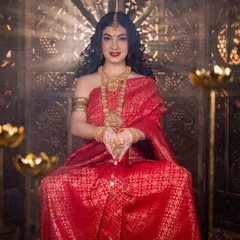 Another pose from the Lakshmi Habba shoot, this one conveying blessings and gratitude. The makeup remains flawless and expressive throughout the creative process.