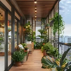 This long balcony was transformed into a green corridor with wooden decking, a slatted ceiling, and an abundance of plants. It's a perfect example of how to bring nature into a high-rise apartment.