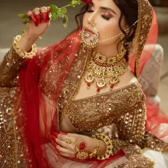 Another angle of this beautiful bridal look, showing the intricate details of the jewellery and how it complements the red lehenga.