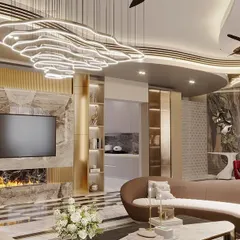 Luxury redefined in this open-plan living and dining space. A seamless curved ceiling flows effortlessly to create a sense of grandeur, while a bold checkered floor inlay adds a touch of modern sophistication.