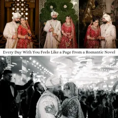 A collage showcasing the variety of a wedding day. We capture the royal couple portraits, the grand decor, and the iconic black and white candid shot of the first kiss.