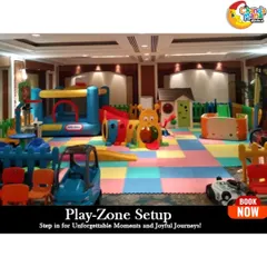 Even a large banquet hall can become a cozy and exciting play area. This indoor playzone setup shows how I use interlocking foam mats and sturdy equipment like a Little Tikes bouncy castle and a caterpillar climber to create a dedicated, fun-filled corner for kids at any event.