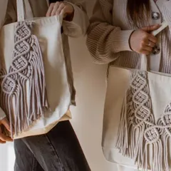 My eco-friendly tote bags are perfect for when you need a little extra space. I take a simple cotton tote and add my own unique macrame designs, like this "DNA wala" pattern, to make it special.