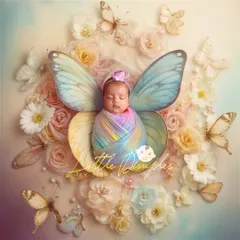 Your little butterfly. This composite image combines a photo of a beautifully wrapped baby with delicate, pastel butterfly wings and flowers for a truly magical fairy-tale portrait.