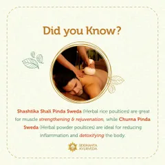 Did you know there are different types of poultice therapies? Shashtika Shali Pinda Sweda uses herbal rice for muscle strengthening, while Churna Pinda Sweda uses herbal powders for reducing inflammation and detoxification.