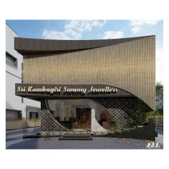 Here is the same retail facade in daylight, revealing the intricate details of the design. The contrast between the dark, geometric base and the sweeping curve of the upper structure creates a dynamic visual tension, establishing a powerful brand presence.
