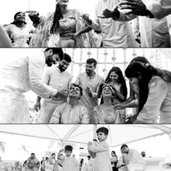 A black and white collage of candid moments from the Haldi, focusing on the dancing, the playful smearing of turmeric, and the family interactions.