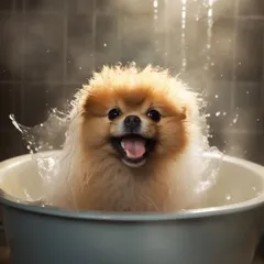 Look at that smile! This adorable Pomeranian is enjoying a warm, bubbly bath. We make sure every part of the dog grooming process is stress-free and fun.