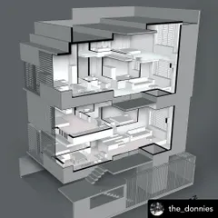 A sectional diagram of the "Grilled Sandwich House." The facade is enveloped in a screen of steel grills that provide security and privacy while creating a unique, abstract architectural identity.
