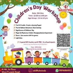 Our Children's Day workshop poster, packed with activities like creating a dancing puppet, a color-changing science experiment, and a fun jam session. A special gift voucher was included for all participants.