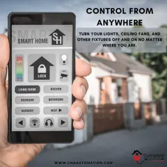 This image illustrates the power of remote access. Whether you're at the office or on the go, you can control lights, fans, and other fixtures directly from your smart home app.