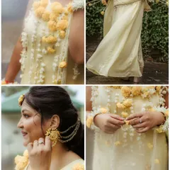 A collage dedicated to the details of the bride's Haldi look, from her delicate floral jewelry to the flowing fabric of her pale yellow outfit.