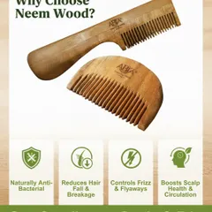 Why choose Neem wood? This graphic explains its benefits: naturally anti-bacterial, reduces hair fall, controls frizz, and boosts scalp health.