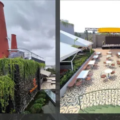 This split view shows the landscape transformation at The Brew Factory. On the left, you see the lush green wall and water feature at the entrance, creating an impressive arrival experience. On the right is the expansive rooftop terrace with patterned flooring and organized seating, designed for high footfall and events.