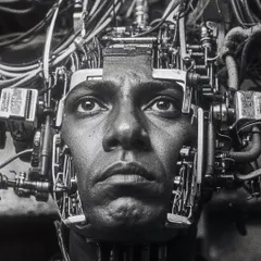 Another portrait of the 'wirehead', showing the crude and painful-looking integration of technology with the human form.