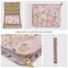 This collage details my floral embroidered jewellery organiser in a soft lilac. It shows the zip-around closure, the interior compartments, and the removable mini pouch for smaller items, making it a perfect travel companion.