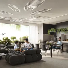 The interior of a Sky Gardens apartment, where open-plan living spaces flow seamlessly onto a large, green balcony. This design combines the luxury of villa living with the convenience of a condominium.