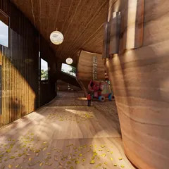 At the Elephant Pavilion, every detail is tied to performance. The construction follows a logic of necessity, where the spacing of timber slats and the joinery of rammed earth walls are determined by thermal comfort, structural need, and ease of use.