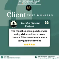 A five-star review from our patient, Harsha Sharma, who was very pleased with her threads and filler treatment. We are thrilled she had a good experience with our service and doctors.