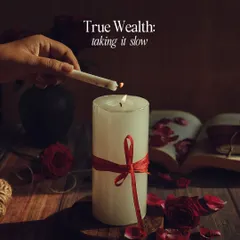 A moody, still-life photo with the theme "True Wealth: taking it slow." The scene of lighting a candle next to a book and roses evokes a sense of peace and mindfulness.
