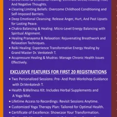 Here you can see the depth of what we cover in our healing workshops. We go into VISHY healing techniques, stress elimination, chakra balancing, and more. I also offer exclusive features like personalized sessions and lifetime access to recordings for our dedicated students.