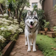 A happy Husky enjoying the fresh air in our lush, green outdoor area. We make sure all our guests get plenty of time to stretch their legs and explore.