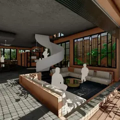 This render shows the open-plan living area of the Corgao villa, with a sunken lounge that flows onto a wooden deck. The use of human silhouettes helps visualize how the space can be used for both relaxation and social gatherings.