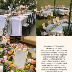 A collage showcasing different styles of outdoor seating. It includes a long, rectangular table with a floral runner and a series of round tables with low centerpieces, demonstrating versatility in layout and design.