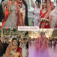 A collage showcasing the grandeur and emotion of the bridal entry. Each bride's walk to the mandap is unique, and I aim to capture the full spectacle and her radiant expression.