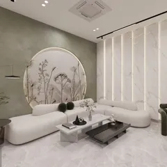 Another view of the dental clinic waiting area, highlighting the interplay of light and texture. The vertical backlit panels on the marble wall add depth and sophistication, while the minimalist furniture and clean lines maintain a modern and uncluttered feel.