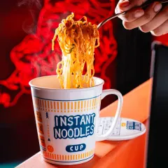 A steaming cup of instant noodles from Banng, shot with a dramatic red light. This image is bold and eye-catching, designed to stop the scroll on social media.