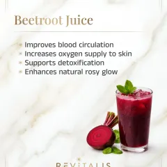 Beetroot juice is excellent for improving blood circulation and increasing the oxygen supply to your skin. This supports detoxification and enhances your natural rosy glow.