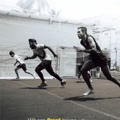 An evocative black-and-white shot of athletes exploding off the starting line. This image captures the raw power and intensity of our speed training sessions, where every drill is designed to build a more explosive first step.