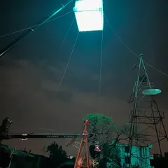 The moonbox rig for 'Kishkindhapuri' seen from a distance, showing its position relative to the set and other equipment like the camera crane.