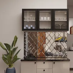 This sleek, modular crockery unit features a stunning diamond-patterned mirror backsplash that creates the illusion of a larger space. The black-framed glass cabinets and granite countertop add a touch of modern luxury.
