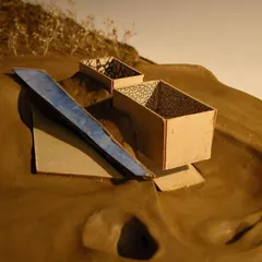 This part of the model shows the proposed intervention: simple, box-like structures that hover over the scarred landscape, creating spaces for reflection without erasing the past.