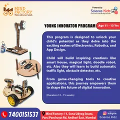 The Young Innovator Program is for students aged 11-13. Here, they dive into electronics and app design, building inspiring creations like a smart house, doodle robot, and automatic traffic lights.