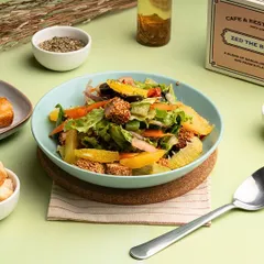 My Orange and Sesame Chicken Salad is a refreshing and flavourful choice. It features sesame-coated chicken and fresh orange segments on a bed of crisp lettuce with a zesty vinaigrette.