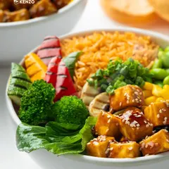 A close-up of my Paneer Teriyaki Bowl. You can see the perfectly glazed paneer, grilled vegetables, and fluffy rice, all brought together with a sweet and savory teriyaki sauce.